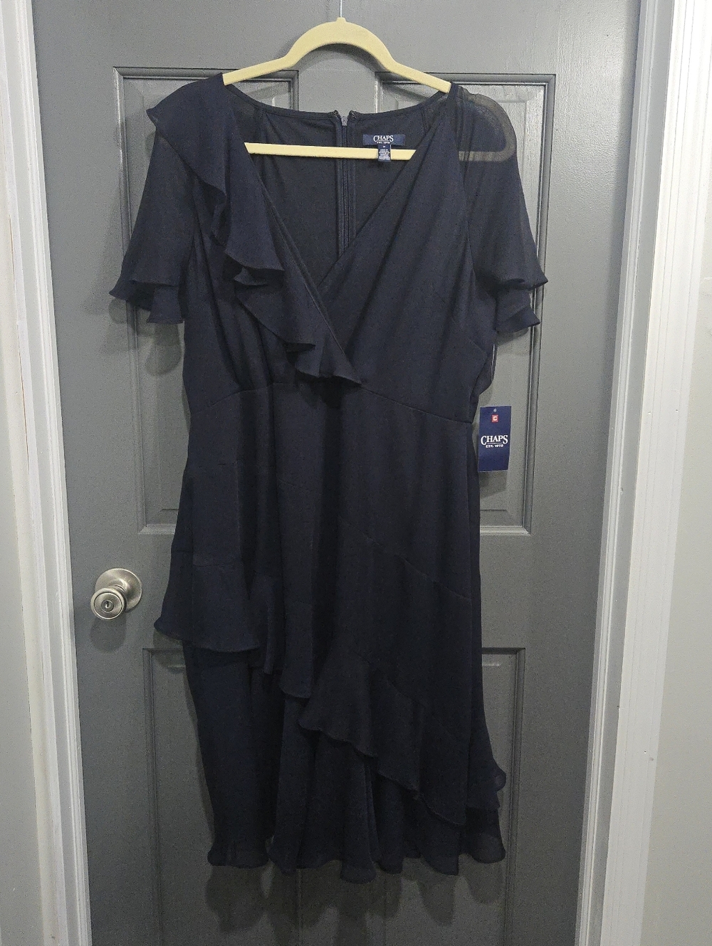 Chaps Navy Ruffle V-Neck Midi Dress